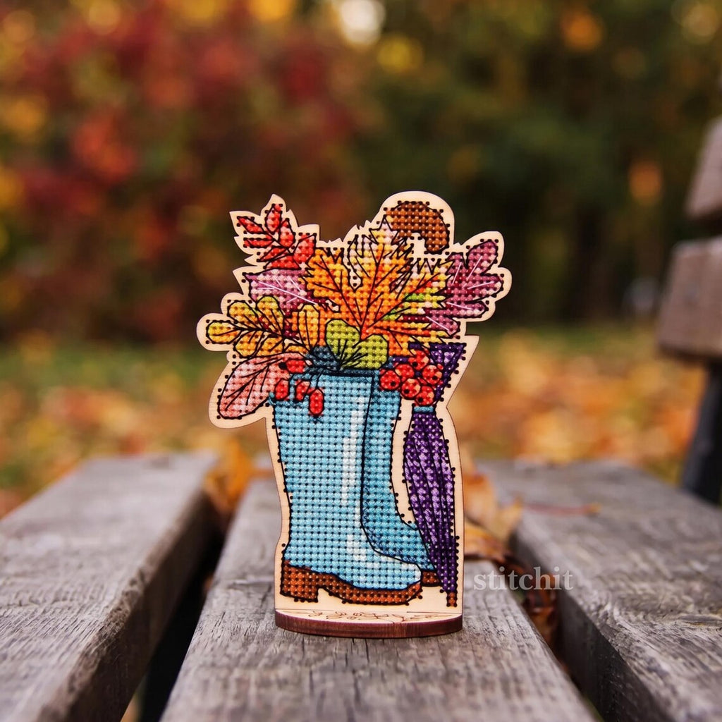 Beginner Embroidery Kit On Wood | Autumn Boots Cross Stitch | Product Preview In Park