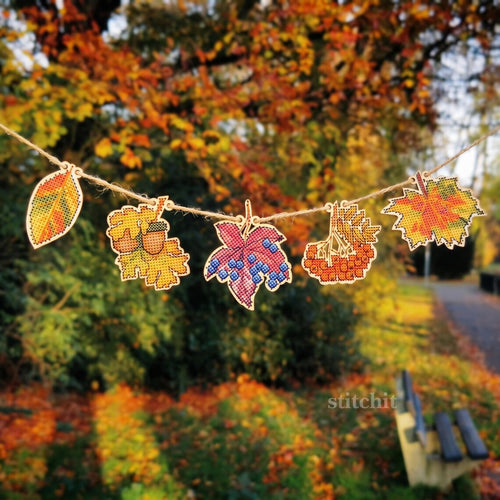 Modern Embroidery Kit On Wood | Autumn Leaves Garland Decor | Product Preview In Park