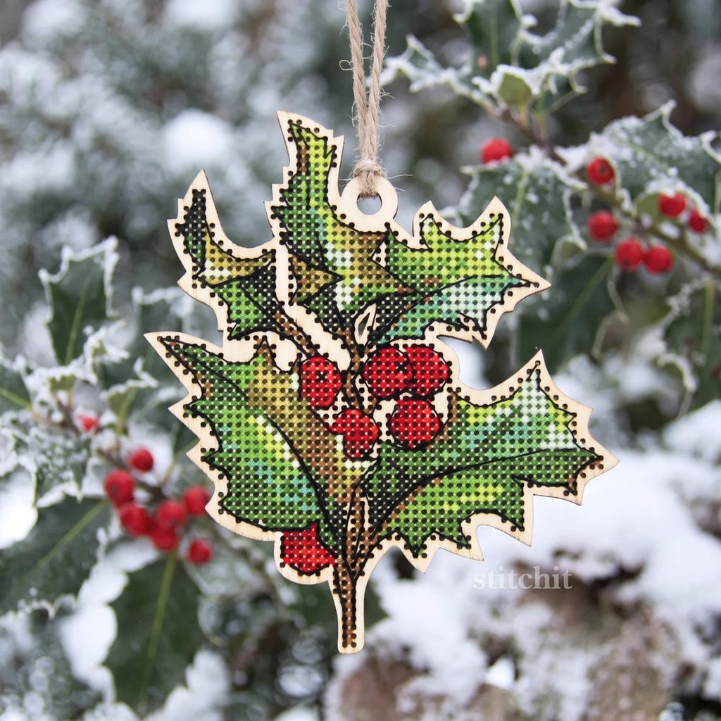Modern Embroidery Kit On Wood | Christmas Berry | Product Preview On A Tree