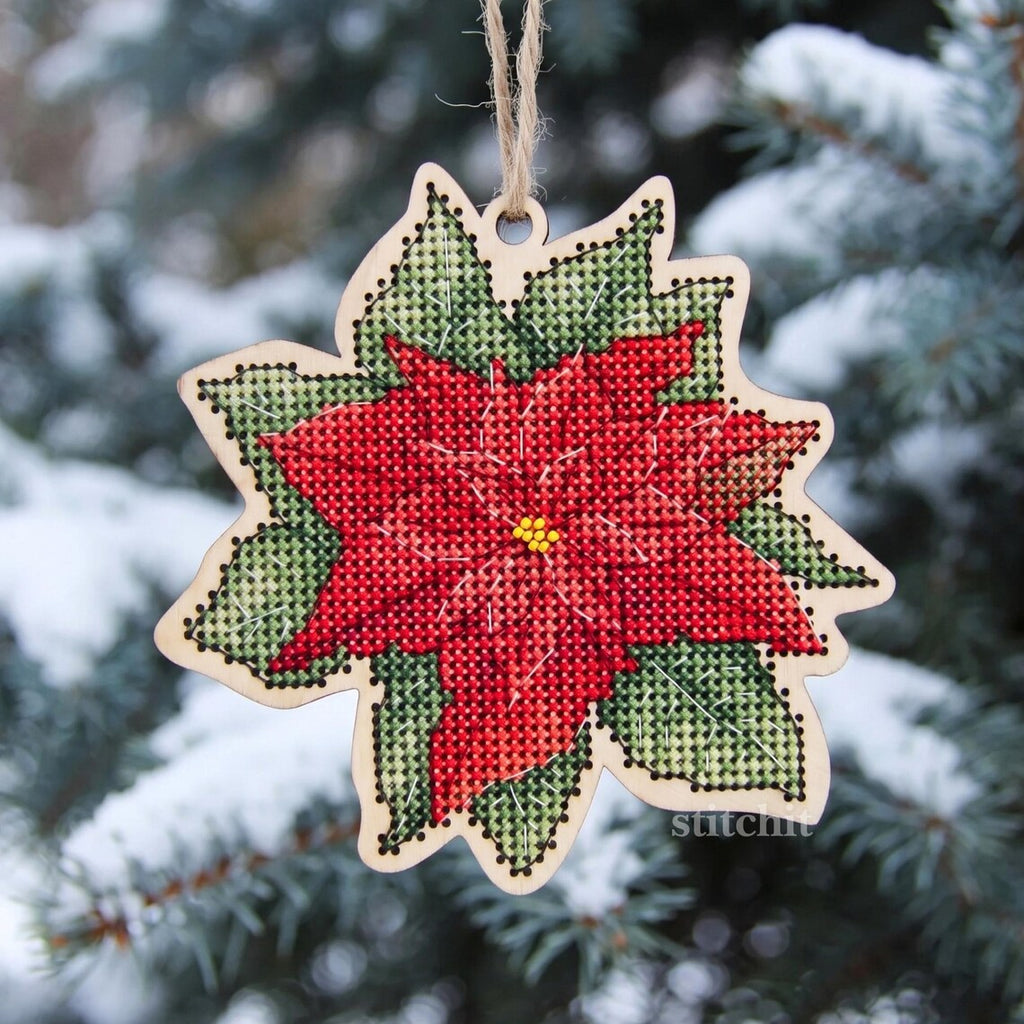 Modern Embroidery Kit On Wood | Christmas Poinsettia | Product Preview