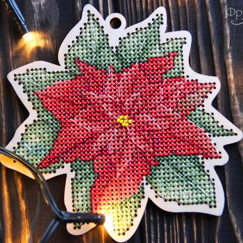 Modern Embroidery Kit On Wood | Christmas Poinsettia | Product Closeup