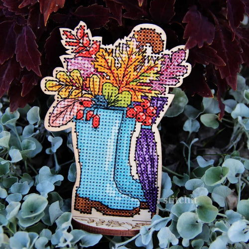 Beginner Embroidery Kit On Wood | Autumn Boots Cross Stitch | Product Preview On A Tree