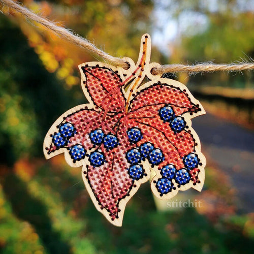 Modern Embroidery Kit On Wood | Autumn Leaves Garland Decor | Product Preview Red Leaf Close Up