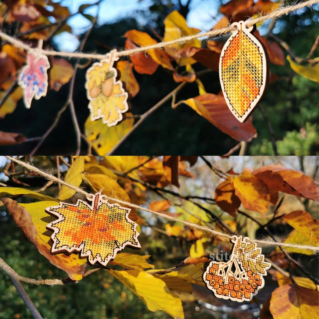 Modern Embroidery Kit On Wood | Autumn Leaves Garland Decor | Product Preview Leaves Close Up