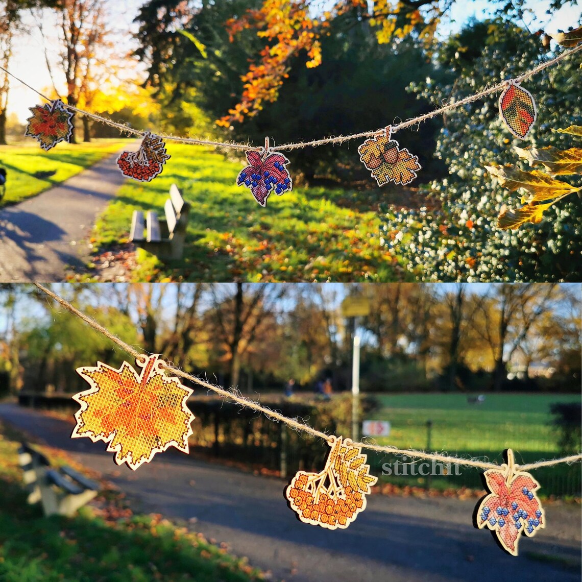 Modern Embroidery Kit On Wood | Autumn Leaves Garland Decor | Product Preview Close Up