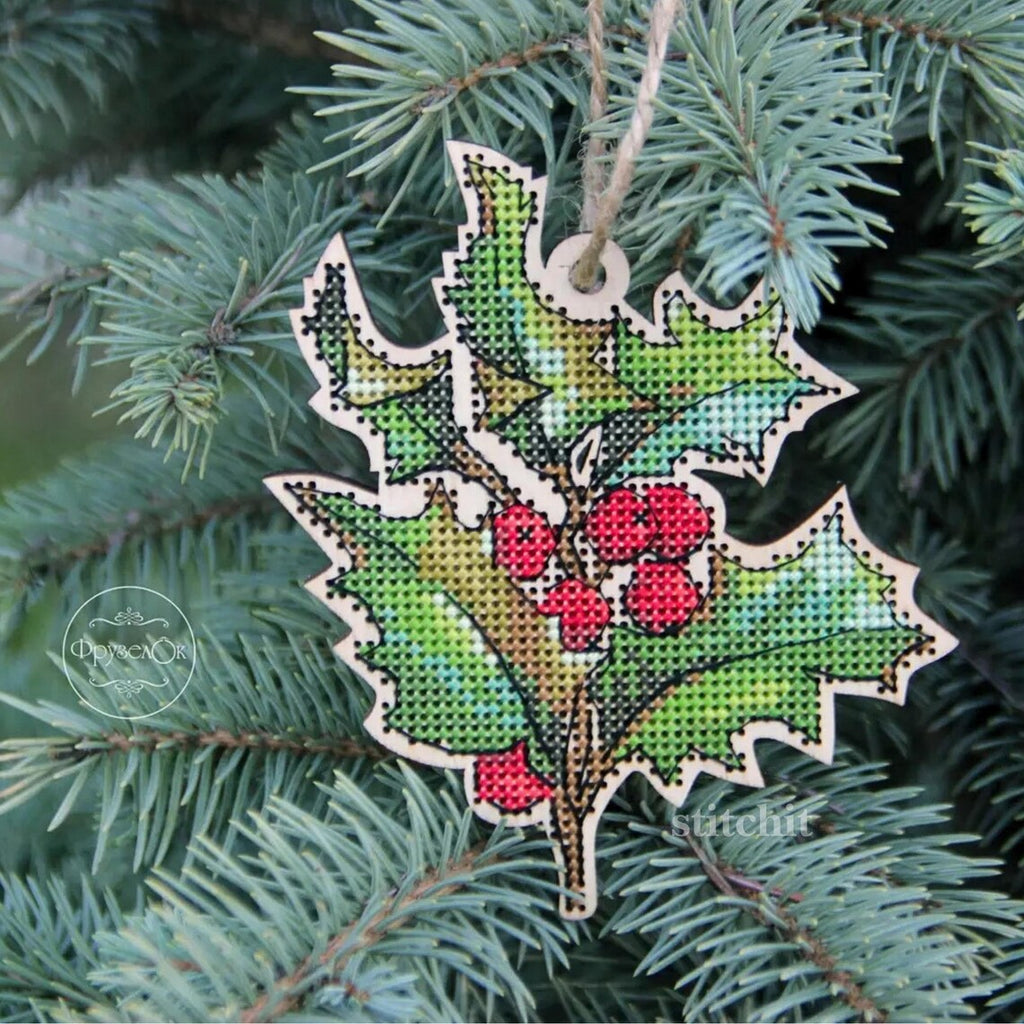 Modern Embroidery Kit On Wood | Christmas Berry | Product Preview On A Tree