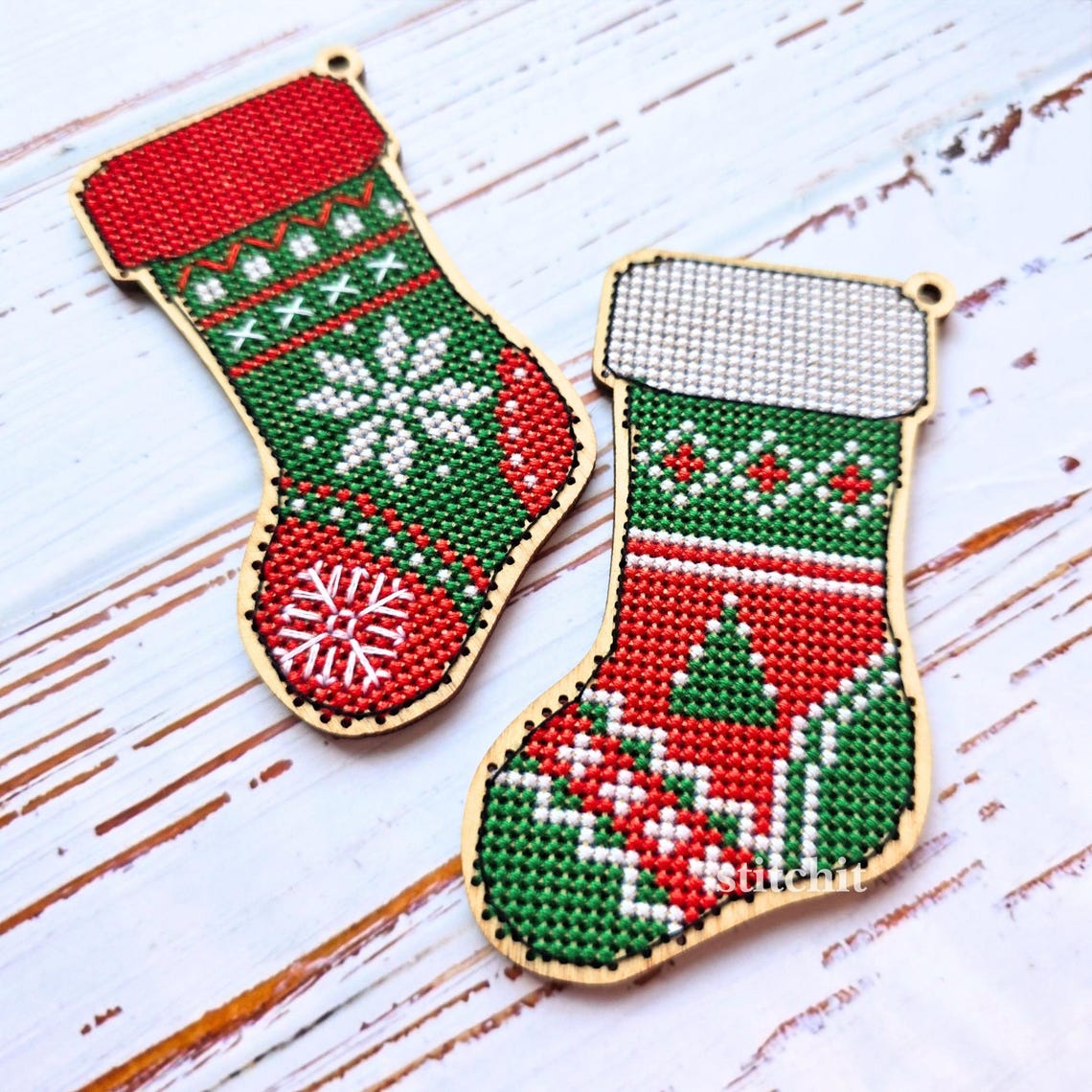 Small Embroidery Kit On Wood | Nordic Christmas Stocking | Product Preview