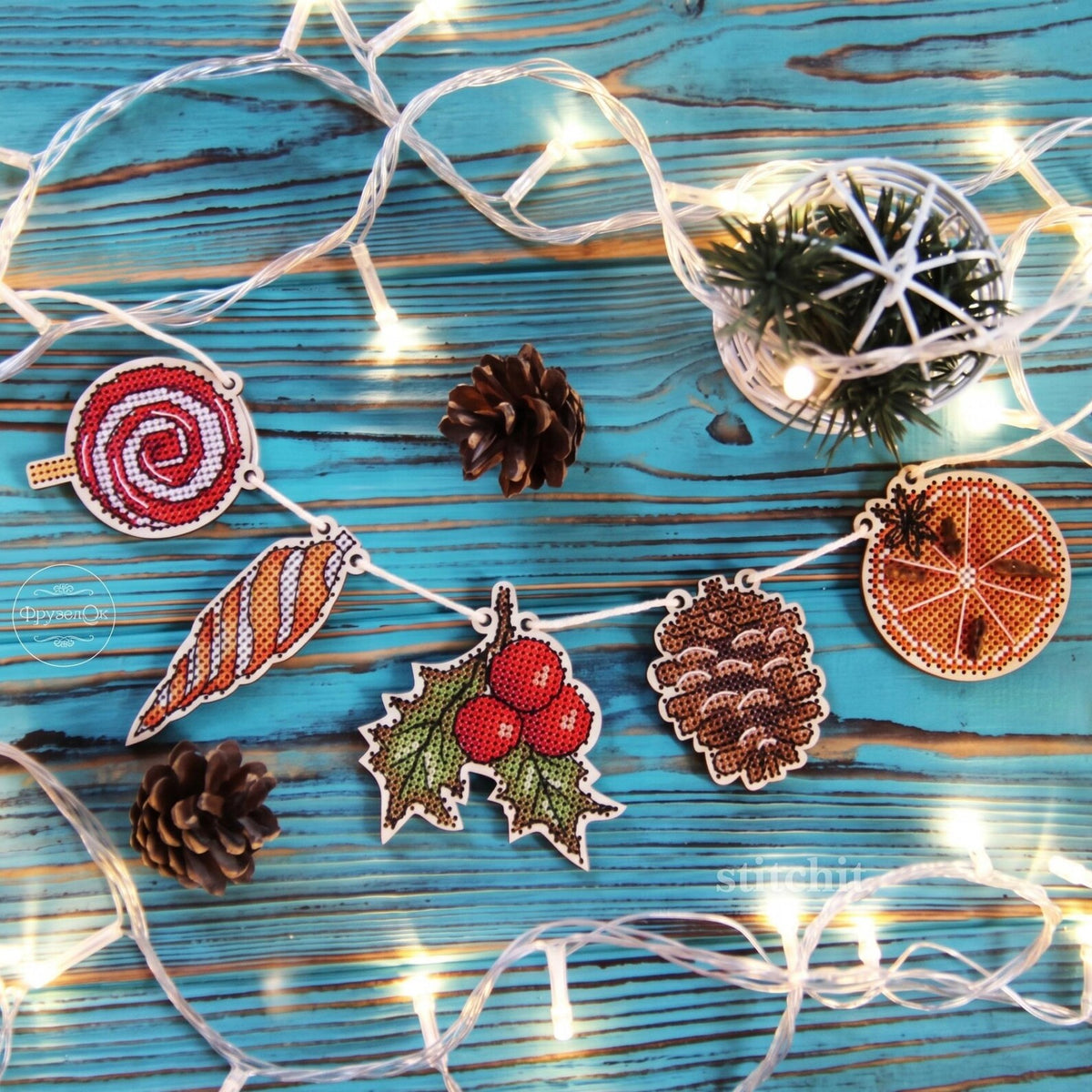 Holiday Embroidery Kit On Wood | Christmas Garland | Product And Christmas Lights