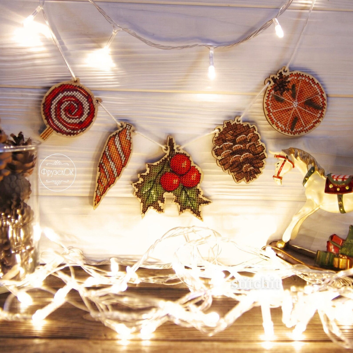 Holiday Embroidery Kit On Wood | Christmas Garland | Product And Christmas Lights