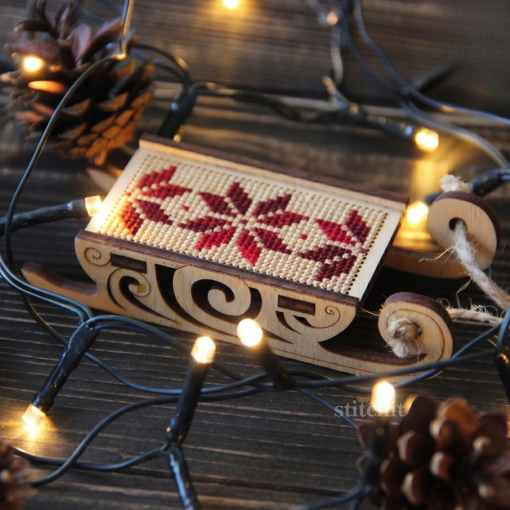 Beginner Embroidery Kit | Scandinavian Christmas Sleigh | Product Closeup And Christmas Lights