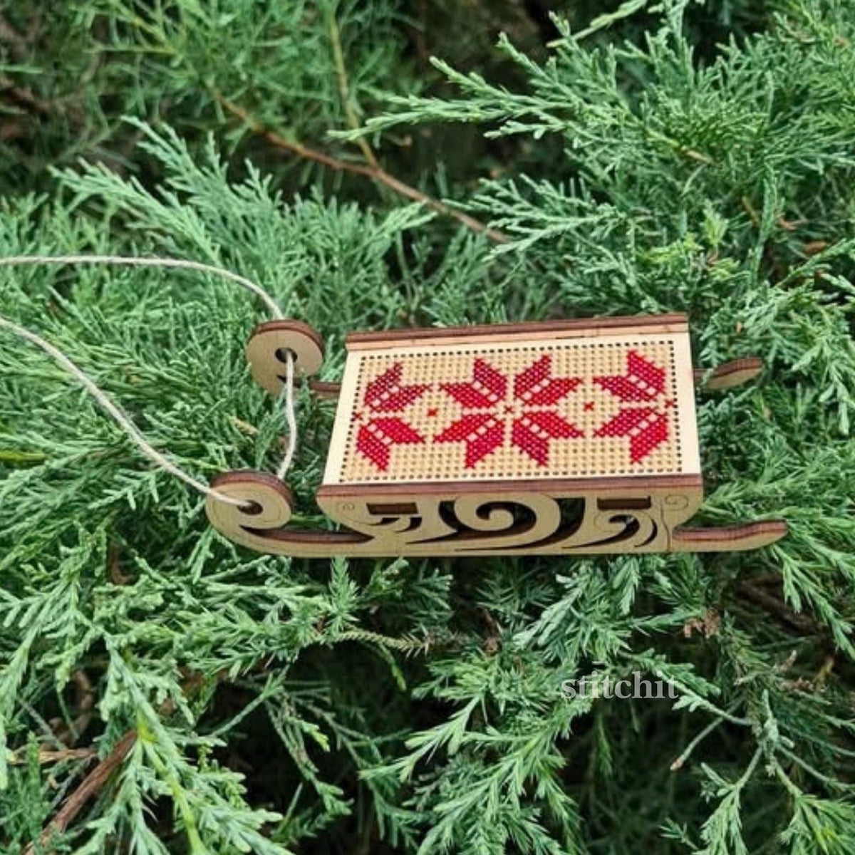 Beginner Embroidery Kit | Scandinavian Christmas Sleigh | Product On A Christmas Tree