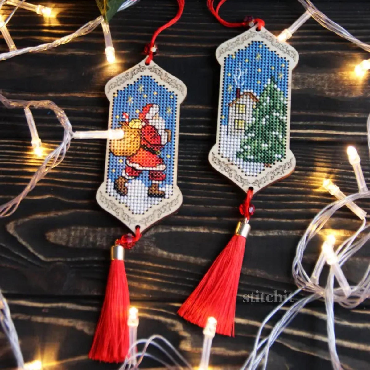 Small Embroidery Kit On Wood | Christmas Eve Santa Tassel | Tassels Closeup And Christmas Lights