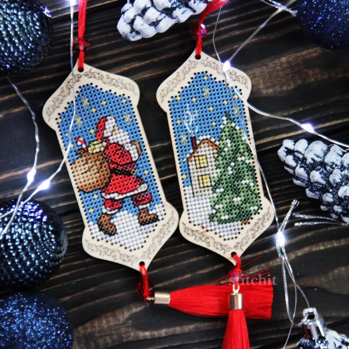 Small Embroidery Kit On Wood | Christmas Eve Santa Tassel | Tassels Closeup