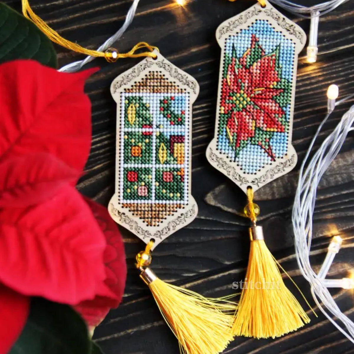 Small Embroidery Kit On Wood | Winter Window Tassel | Tassel Closeup