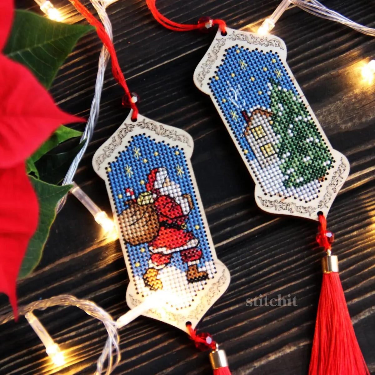 Small Embroidery Kit On Wood | Christmas Eve Santa Tassel | Tassels Closeup And Christmas Lights