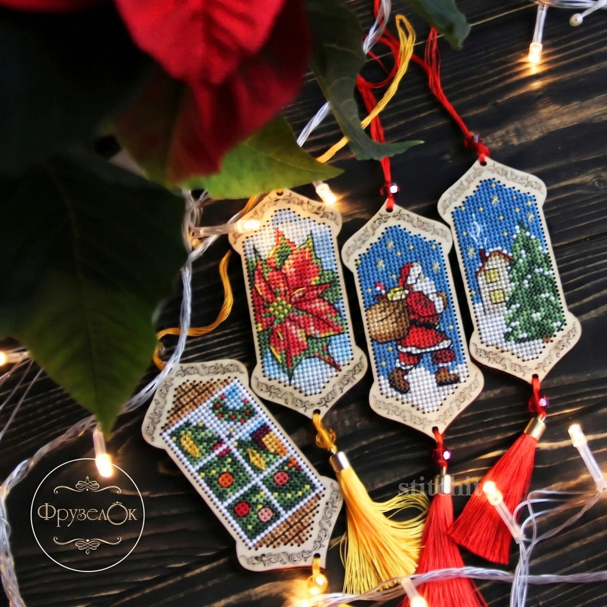 Small Embroidery Kit On Wood | Christmas Eve Santa Tassel | Tassels Closeup And Christmas Lights