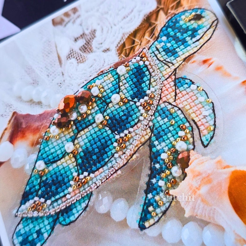 Sea Turtle Beaded Cross Stitch Kit | Ocean Animal Embroidery Ornament, Flexible Plastic Base