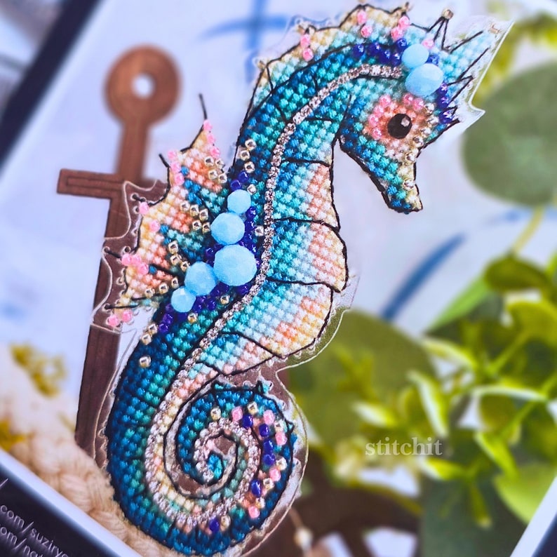 Seahorse Beaded Cross Stitch Kit | Ocean Animal Embroidery Ornament, Flexible Plastic Base