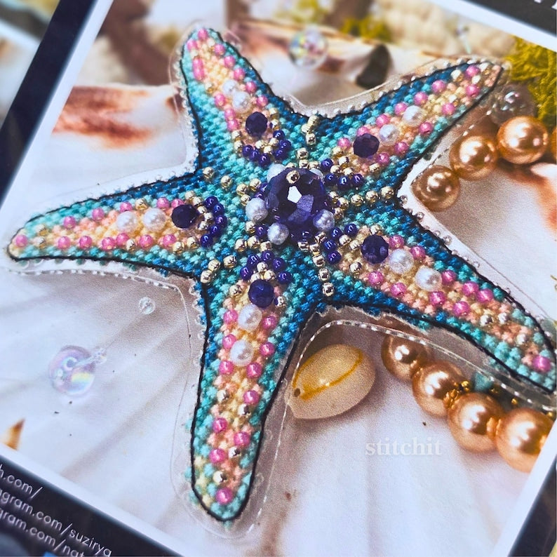 Starfish Beaded Cross Stitch Kit | Ocean Creature Embroidery Ornament, Flexible Plastic Base