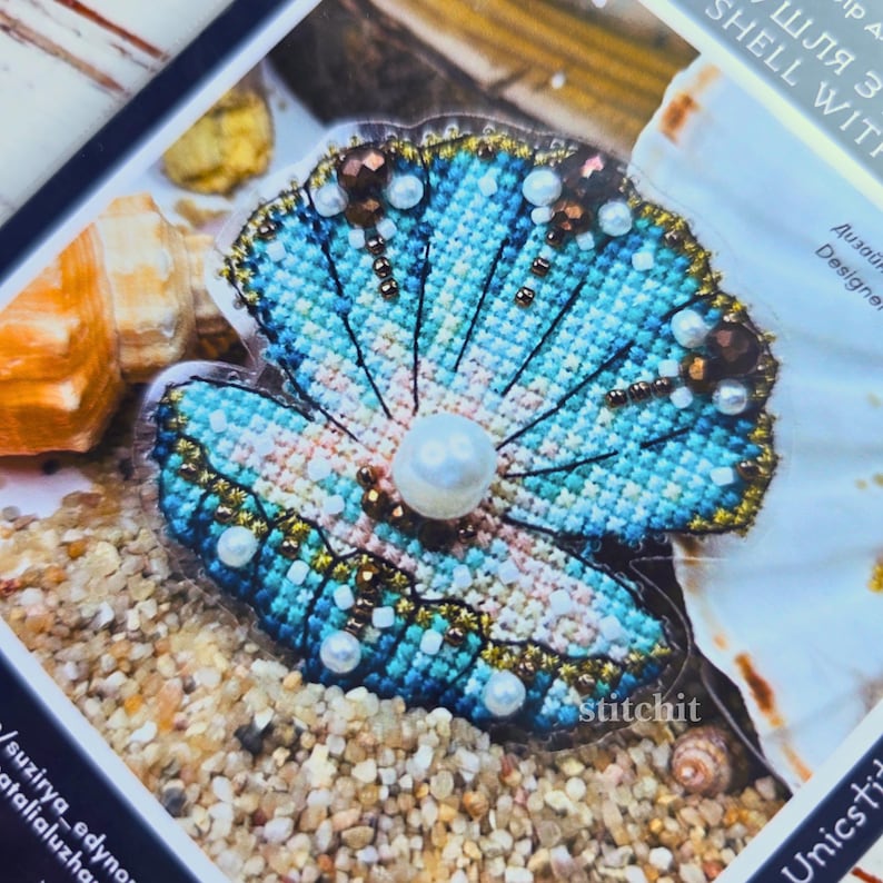 Shell Pearl Bead Cross Stitch Kit on Flexible Plastic | Ocean Embroidery Kit