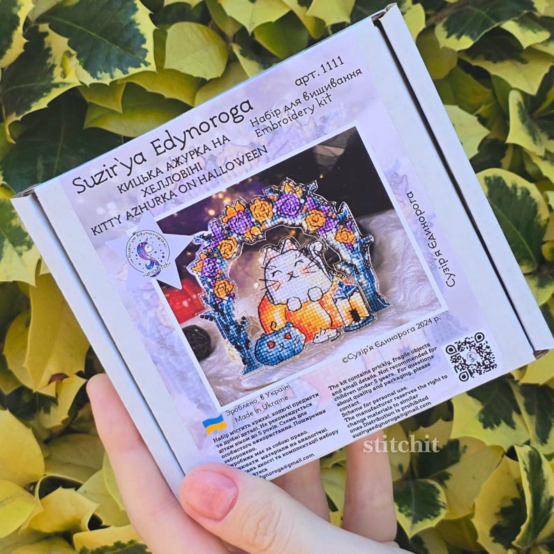 Cat Pumpkin Cross Stitch Kit — box front held in hand showing cat under arch with pumpkins and lantern
