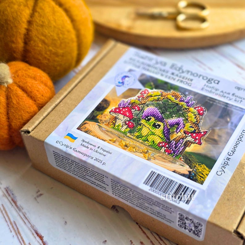 Halloween Frog Cross Stitch Kit — frog in witchy hat on mushroom, beaded cross stitch on flexible plastic