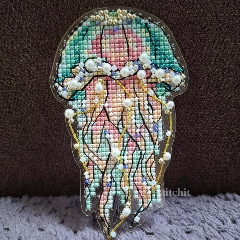 Jellyfish Cross Stitch Kit with Beads & Pearls on Flexible Plastic | Ocean Embroidery Ornament