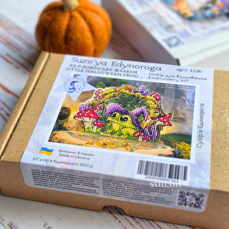 Halloween Frog Cross Stitch Kit — back of box showing printed pattern with frog in witchy hat and mushrooms, made in Ukraine