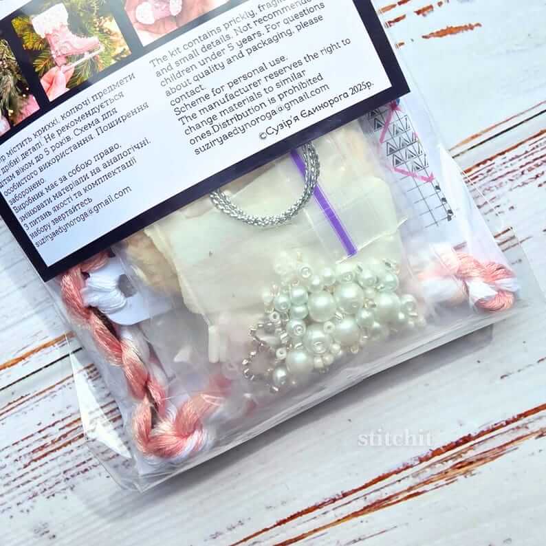 Modern Embroidery Kit On Plastic | Pink Christmas Stocking | Product Content Closeup