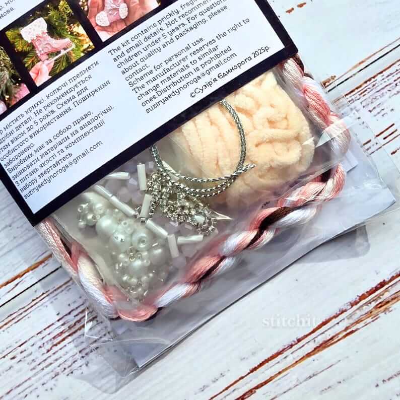 Modern Embroidery Kit On Plastic | Pink Mitten | Product Content Closeup