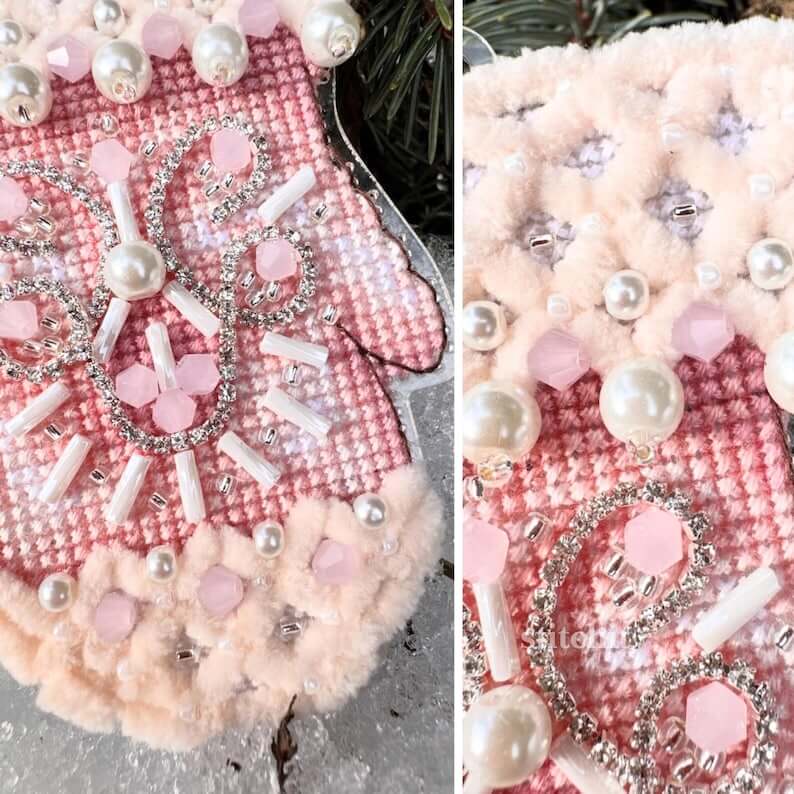 Modern Embroidery Kit On Plastic | Pink Mitten | Product Closeup