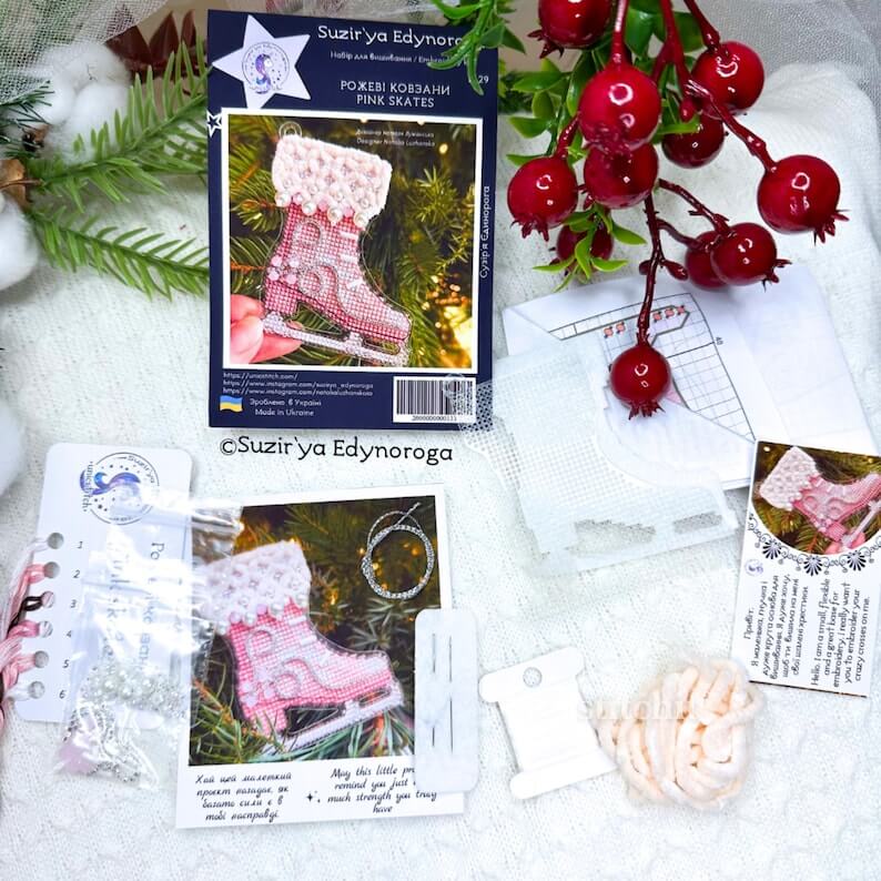 Modern Embroidery Kit On Plastic | Pink Ice Skate | Decorated