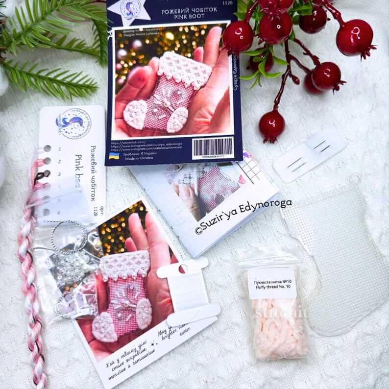 Modern Embroidery Kit On Plastic | Pink Christmas Stocking | Product Decorated