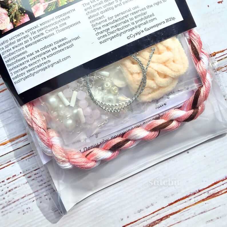 Modern Embroidery Kit On Plastic | Pink Ice Skate | Kit Content Closeup