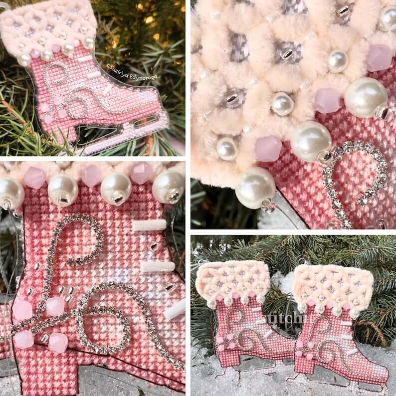 Modern Embroidery Kit On Plastic | Pink Ice Skate | Closeup