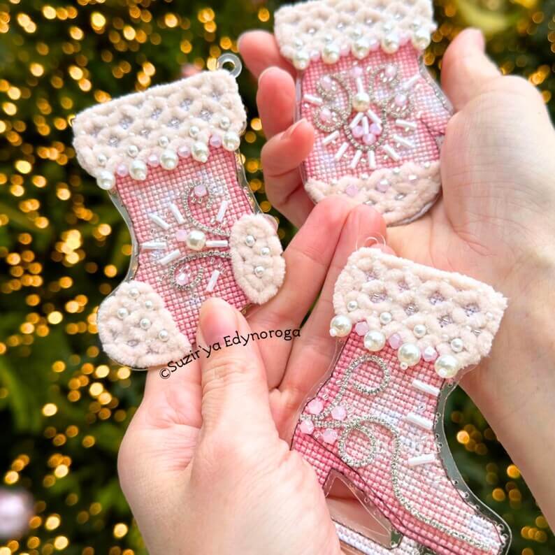 Modern Embroidery Kit On Plastic | Pink Christmas Stocking | Christmas Bundle