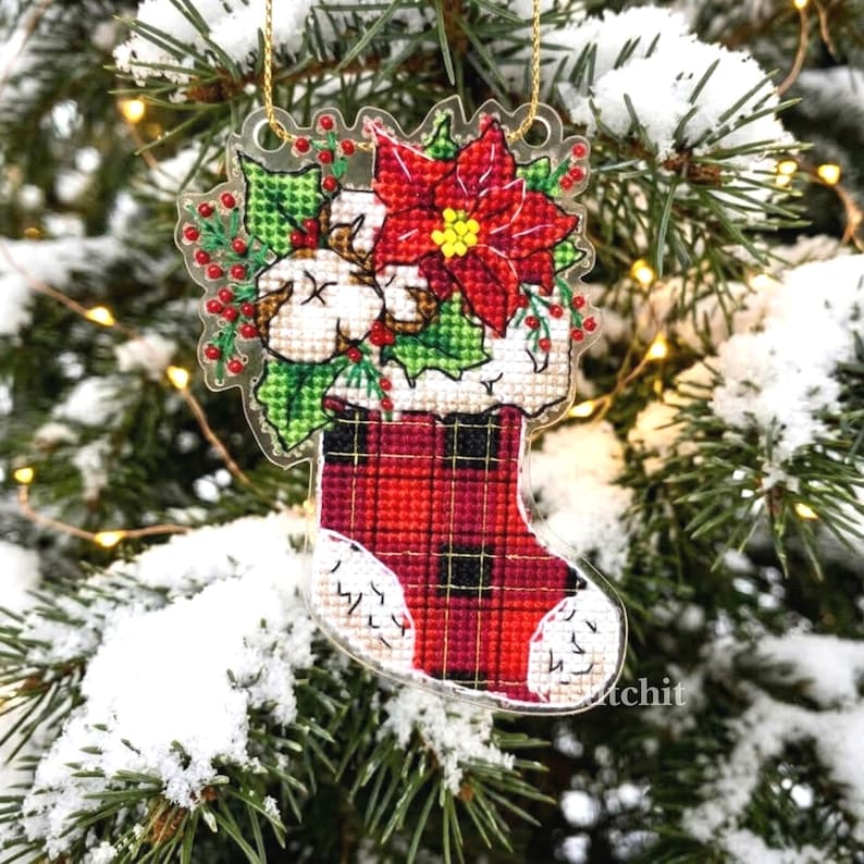 Small Embroidery Kit On Plastic | Christmas Stocking | Product Preview On Christmas Tree