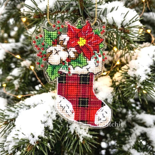 Small Embroidery Kit On Plastic | Christmas Stocking | Product Preview On Christmas Tree