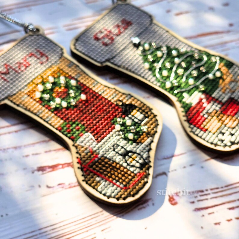 Small Embroidery Kit On Wood | Christmas Stocking | Beaded | Product Preview
