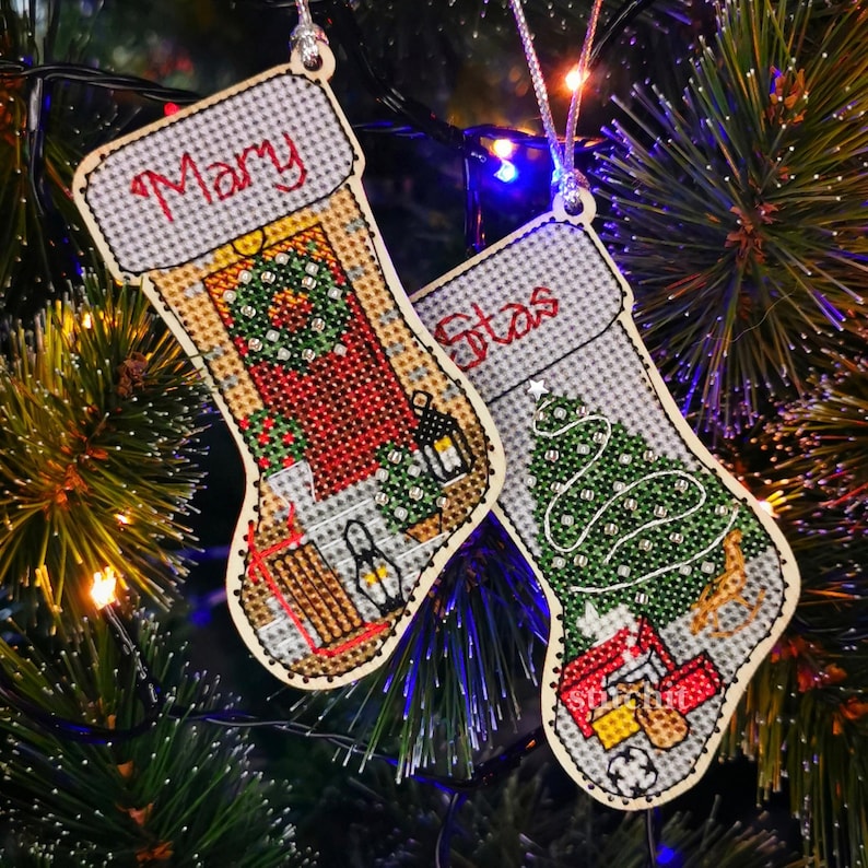 Small Embroidery Kit On Wood | Christmas Stocking | Beaded | Product On Christmas Tree