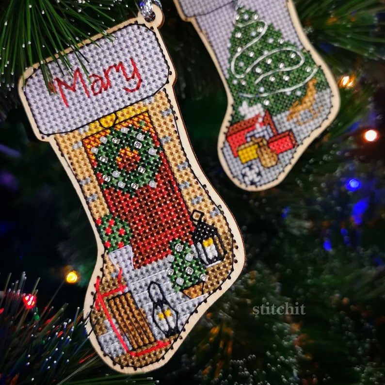 Small Embroidery Kit On Wood | Christmas Stocking | Beaded | Product On Christmas Tree