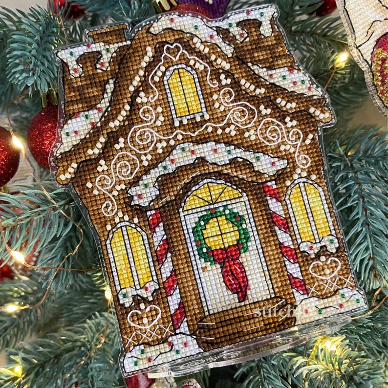 Holiday Embroidery Kit On Plastic | Gingerbread House | Product On Christmas Tree