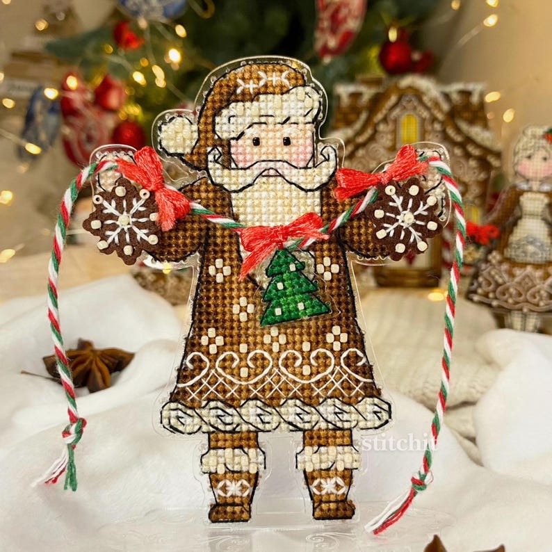 Holiday Embroidery Kit On Plastic | Gingerbread Santa Couple | Mr Santa