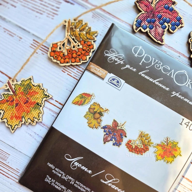 Modern Embroidery Kit On Wood | Autumn Leaves Garland Decor | Packaging Preview On White Background