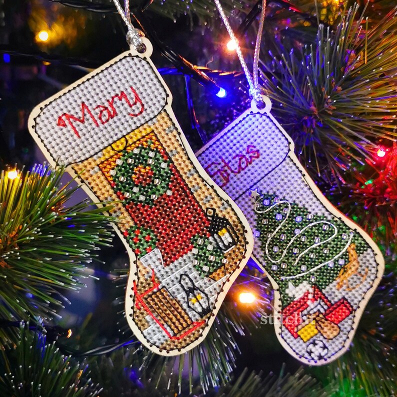 Small Embroidery Kit On Wood | Christmas Stocking | Beaded | Product On Christmas Tree