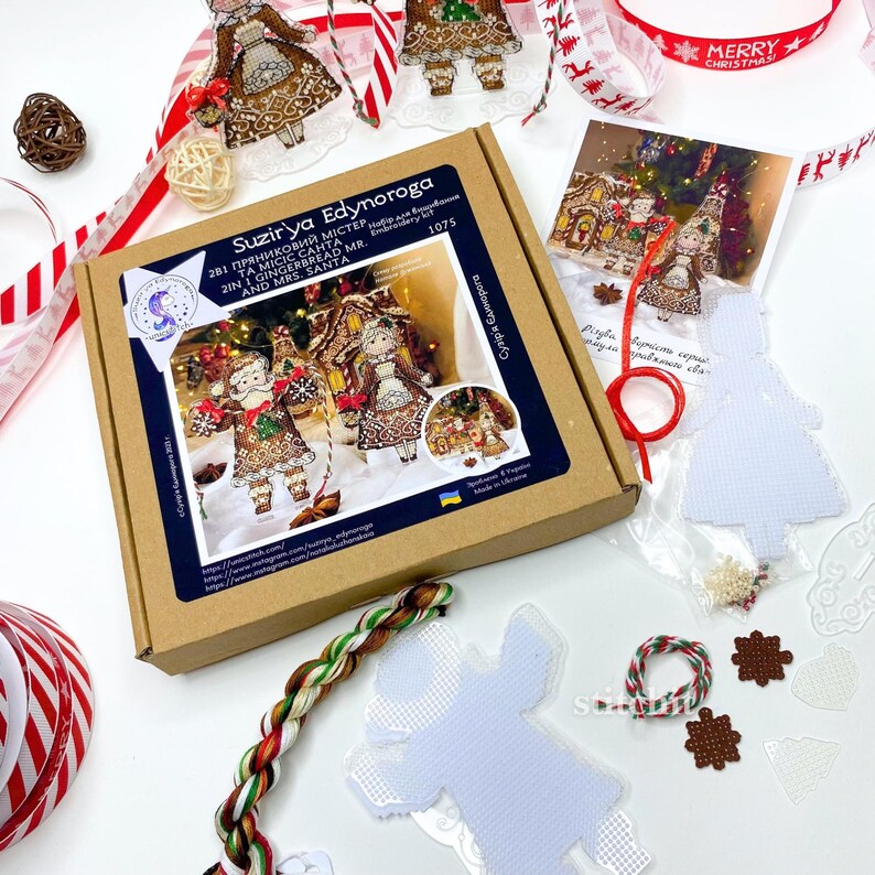 Holiday Embroidery Kit On Plastic | Gingerbread Santa Couple | Packaging