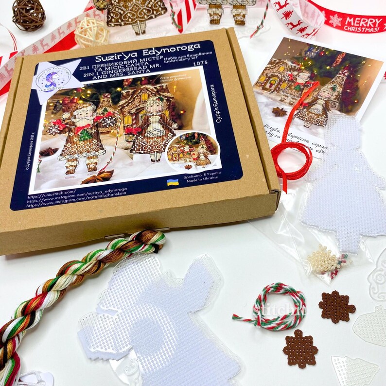 Holiday Embroidery Kit On Plastic | Gingerbread Santa Couple | Packaging