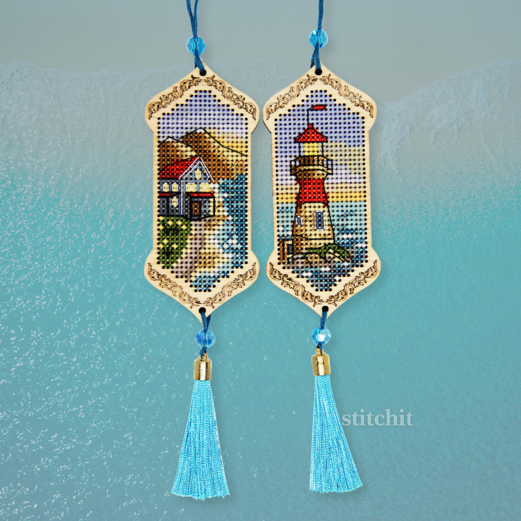 Mini Lighthouse Cross Stitch Kit on Wood with Beads & Tassel | Nautical Ornaments