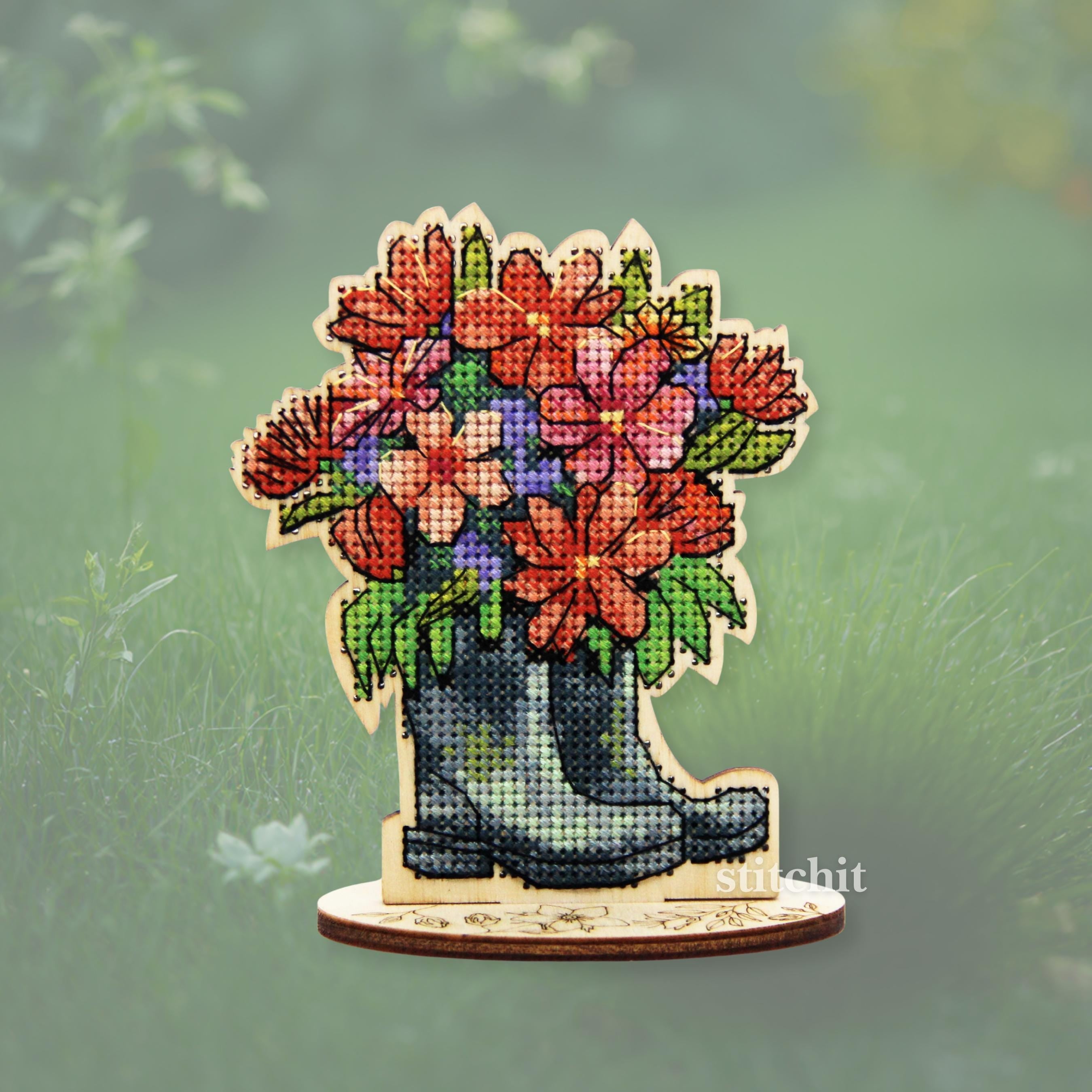 Flowers in Boots Cross Stitch Kit on Wood | Garden Embroidery Standing Decor