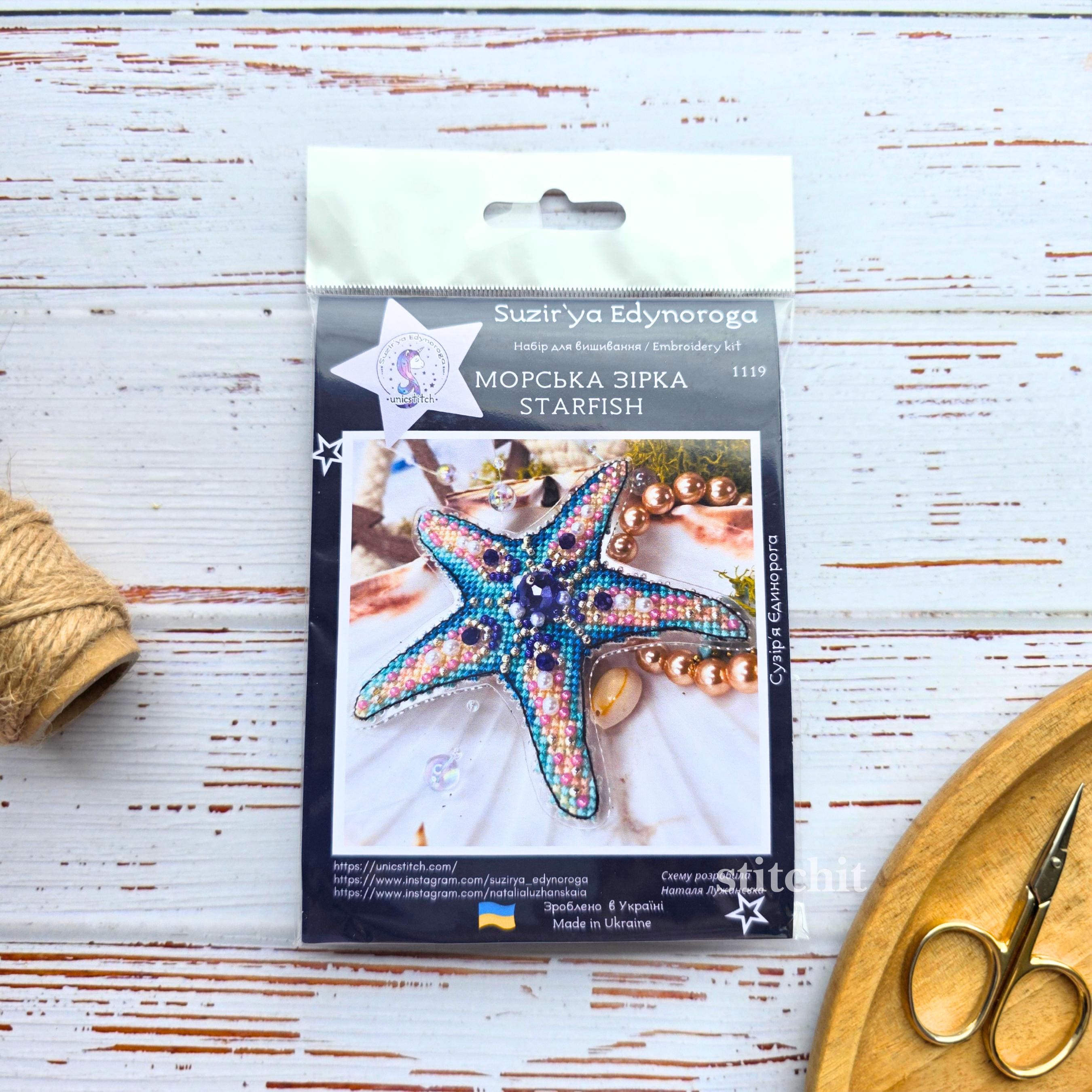 Starfish Beaded Cross Stitch Kit | Ocean Creature Embroidery Ornament, Flexible Plastic Base